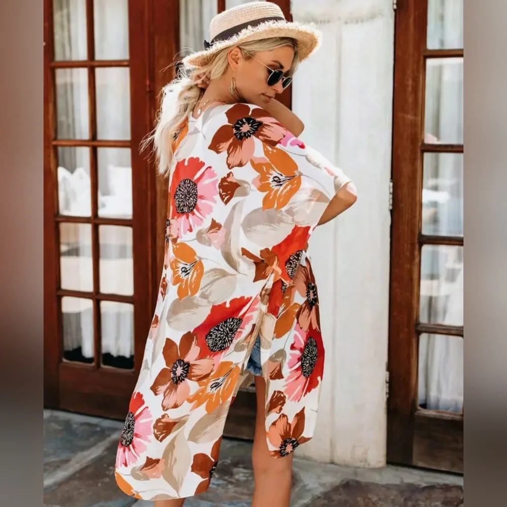 Gorgeous Floral Print V Neck Chiffon Blouse / cover up. - Picture 2 of 8